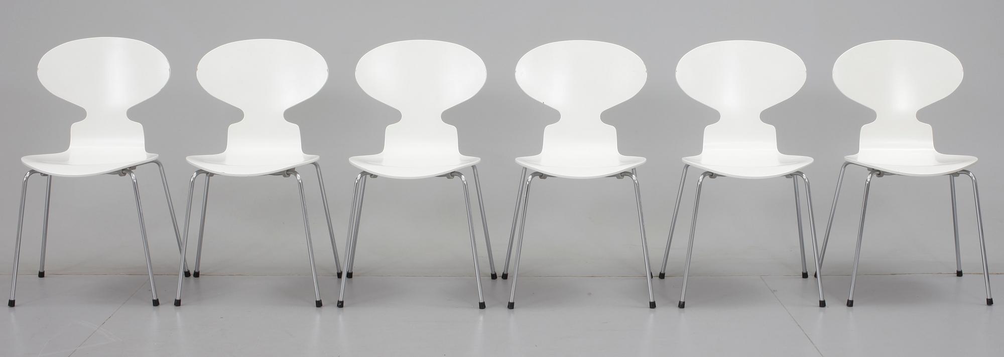 STOLAR, 6 st, "Myran", Arne Jacobsen, Fritz Hansen. Etikettmärkta, 1988.