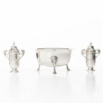 Bowl, along with salt and pepper shakers, silver, including mark of Wakely & Wheeler, Dublin 1910.