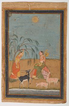 OKÄND KONSTNÄR, två stycken, bläck och färg på papper med förgyllda detaljer. Indien, 1800-tal.