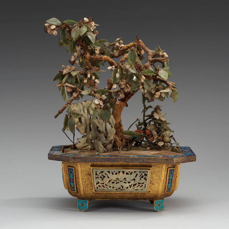 A cloisonné, nephrite, crystal and coral potted garden, Qing dynasty.