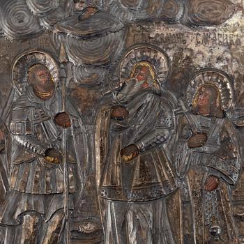 A Russian icon, with silver oklad, maker's mark Andrey Gerasimov, Moscow, 1762,