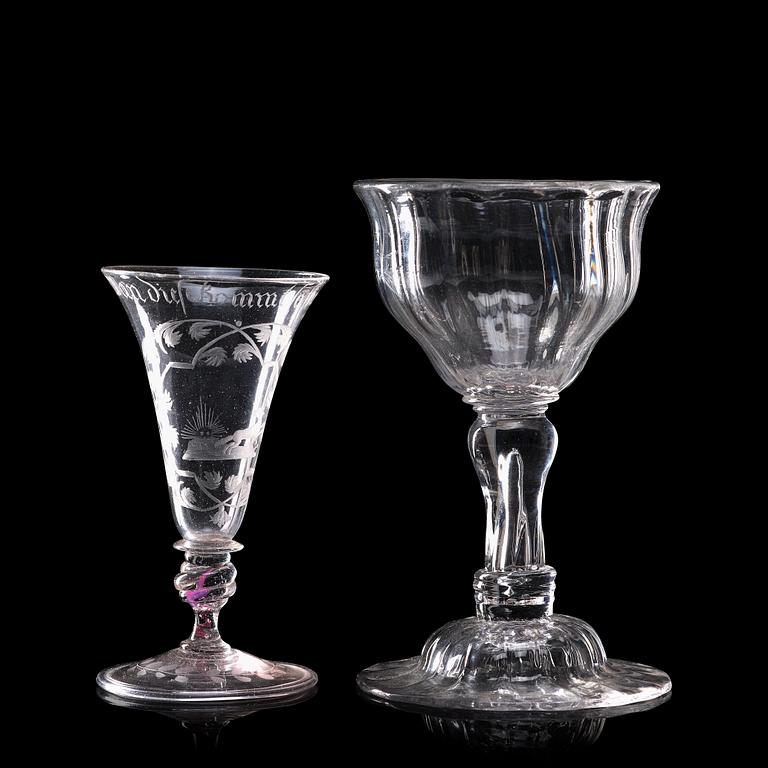 Two wine glasses, 18th Century.