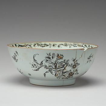 A grisaille punch bowl with a Swedish Bank note, Qing dynasty, Qianlong dated 1762.