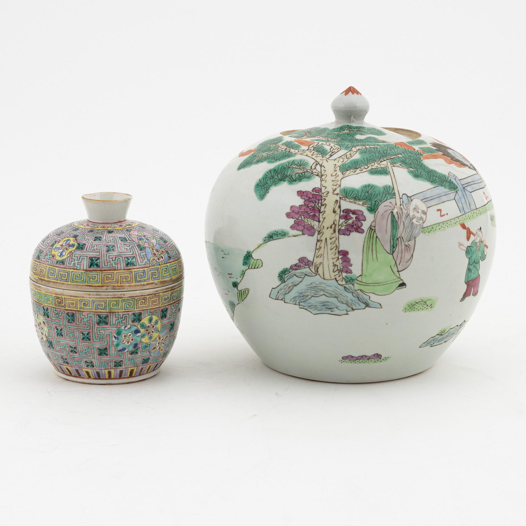 A famille rose jar with cover, box with cover and a dish and a bowl, China, circa 1900.