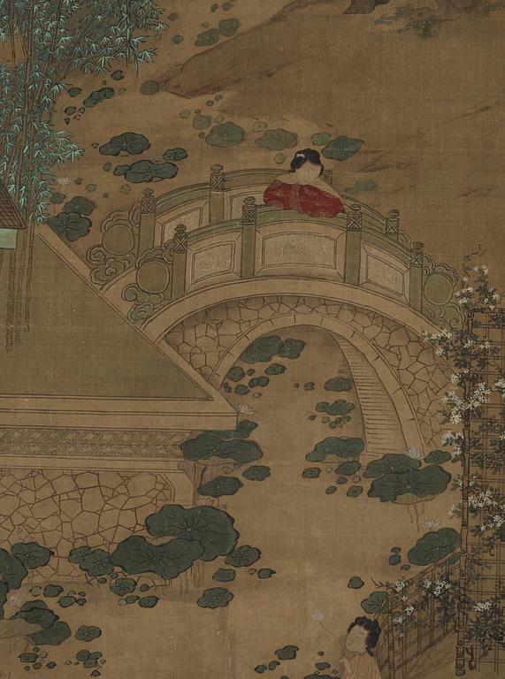 A hanging scroll of a garden scenery with court-ladies and attendants, Qing dynasty, 19th century.