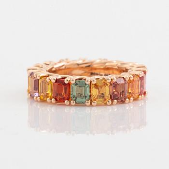 Emerald cut multi coloured sapphire ring.