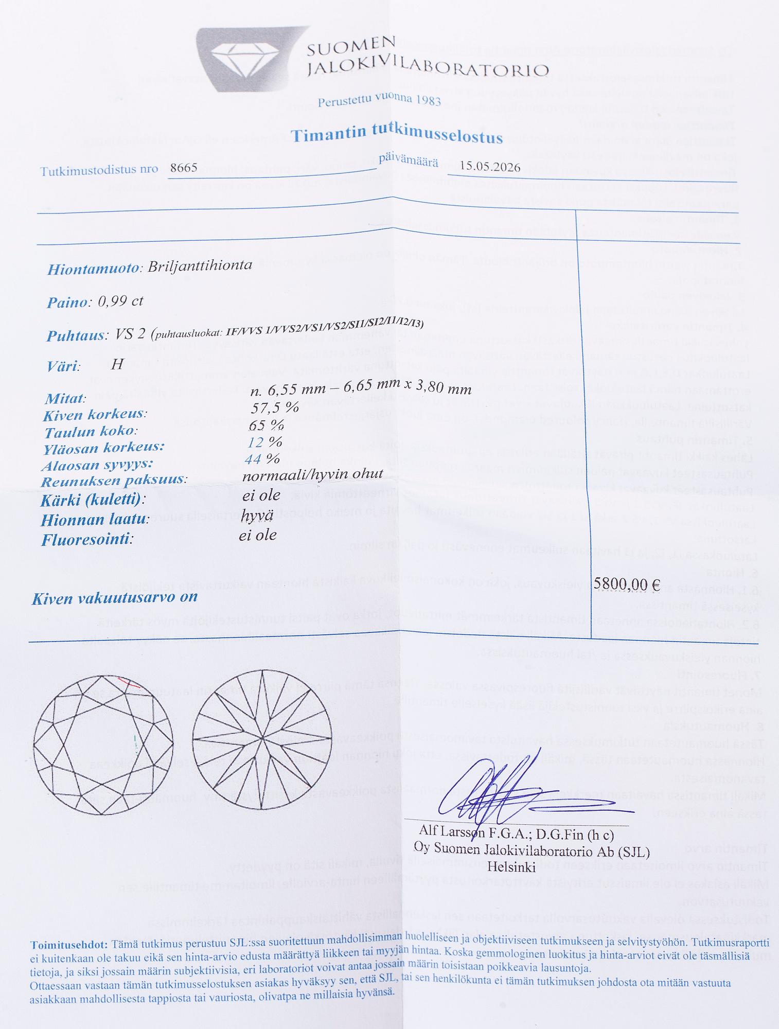 Diamant, briljantslipad, 0,99 ct H / VS2.