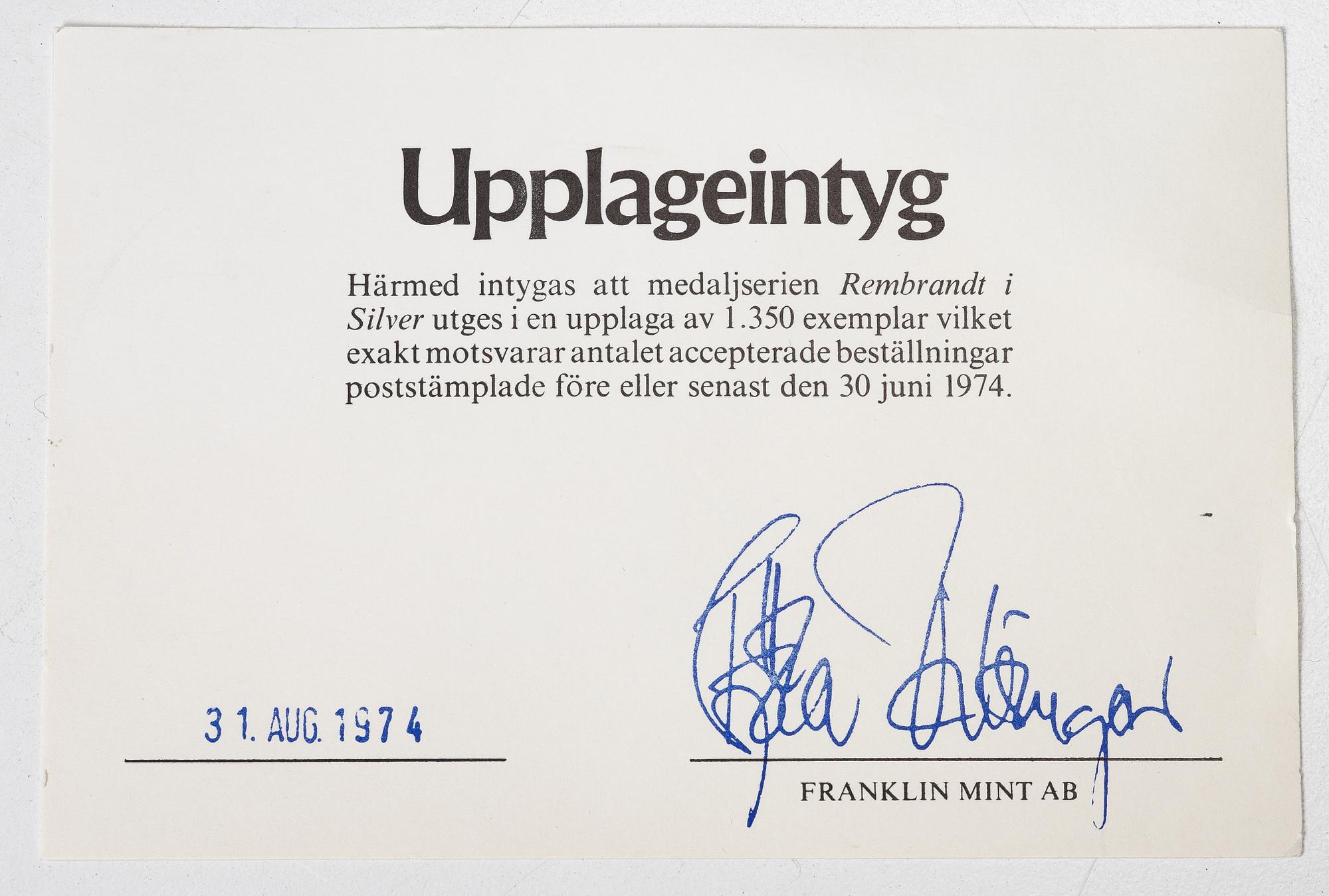 "Rembrandt in silver", 50 collector medals in sterling silver, Franklin Mint Ltd.