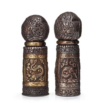 683. Two Tibethan/Nepalese silvered brass temple stamps, presumably late 19th Century.