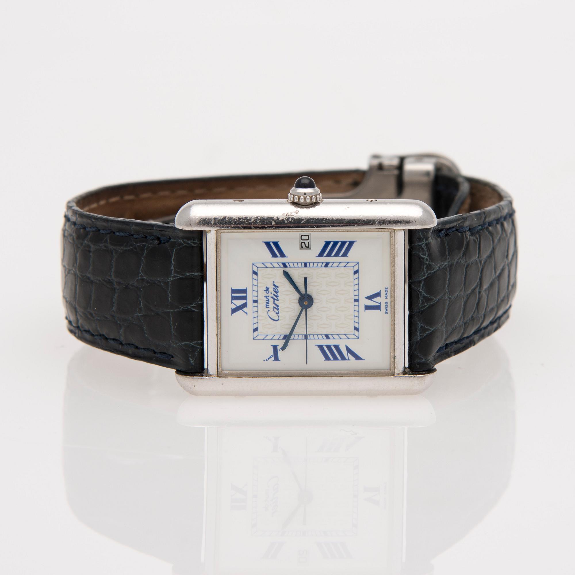 ARMBANDSUR, herr, Must de Cartier, sterling silver, läderarmband.