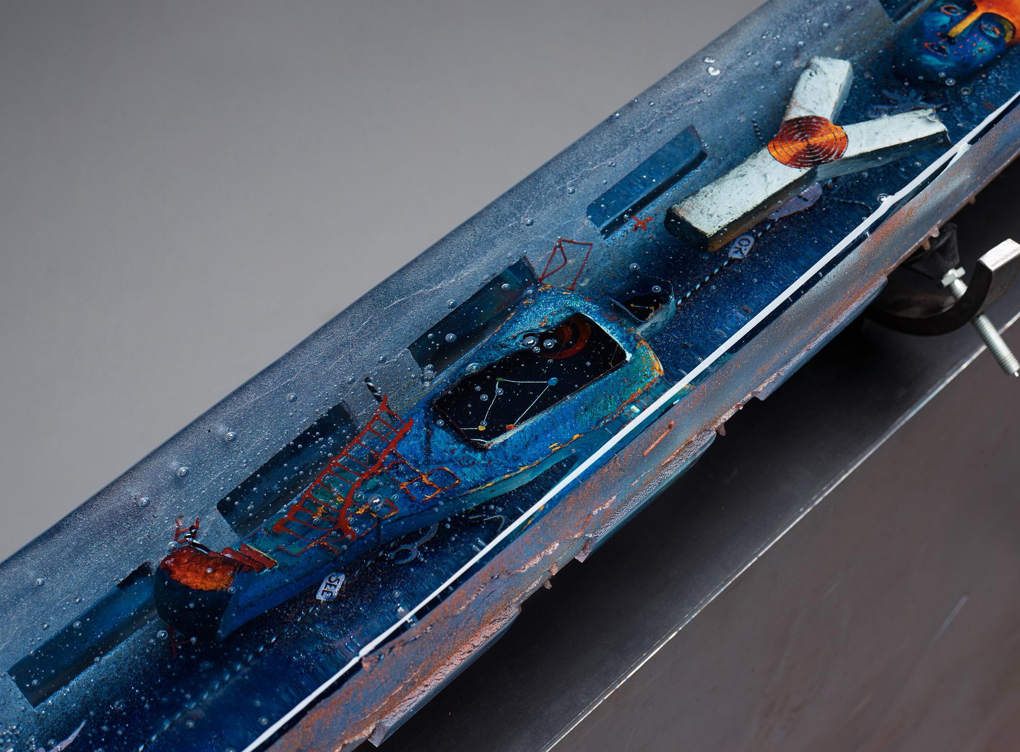 Bertil Vallien, a sand cast sculpture of a boat, Kosta Boda Sweden 2006, on original steel stand.