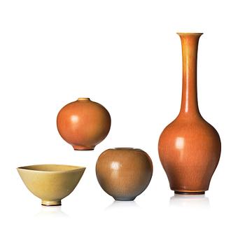 Berndt Friberg, a set of three stoneware vases and a bowl with rabbit's fur glazes, Gustavsberg Studio, Sweden 1953-1958.