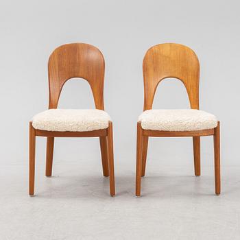 A set of six teak dining chairs upholstered in new sheep skin by Niels Koefoed, Denmark, 1960's.
