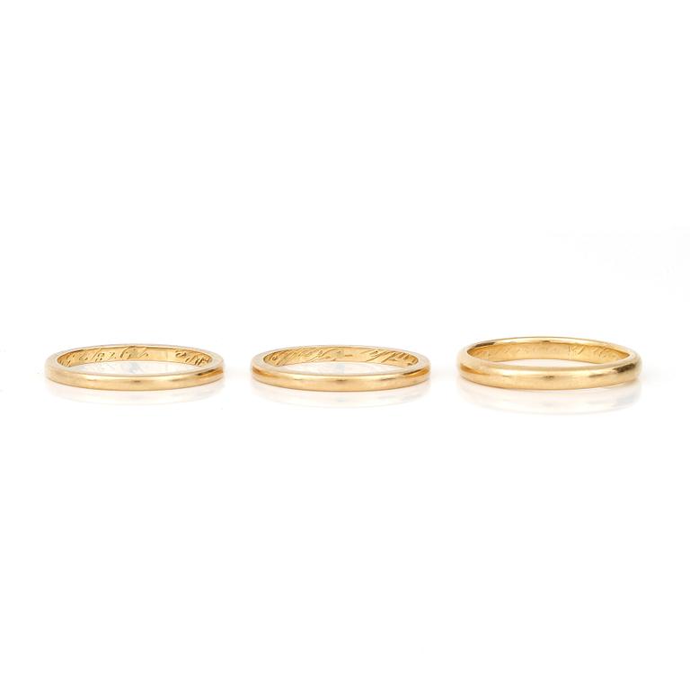 VIGSELRINGAR, 3st, 20K guld, bland annat 1935. Vikt ca 10g.