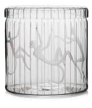 An Edward Hald engraved glass jar and cover, "Apburen", Orrefors 1944.