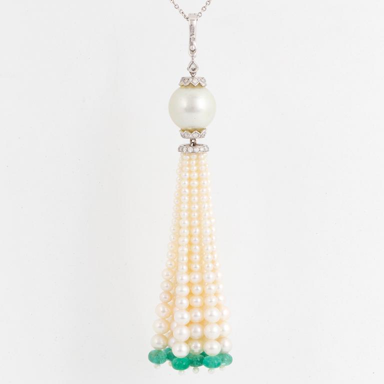 Cultured pearl, diamond and emerald bead necklace.