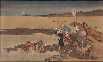 KATSUSHIKA HOKUSAI (1760–1849), after, color woodblock print on fabric. Japan, 'Shell Gathering', 20th century.