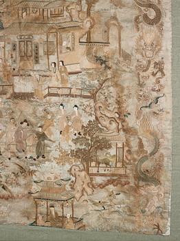 A large embroidered silk panel, Qing dynasty, circa 1800.