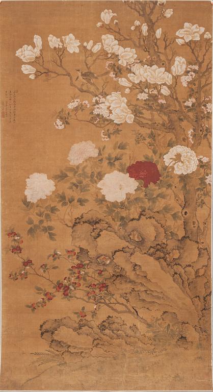 RULLMÅLNING, fåglar och blommor, Qingdynastin, 1700-tal, signerad Lan Ling.