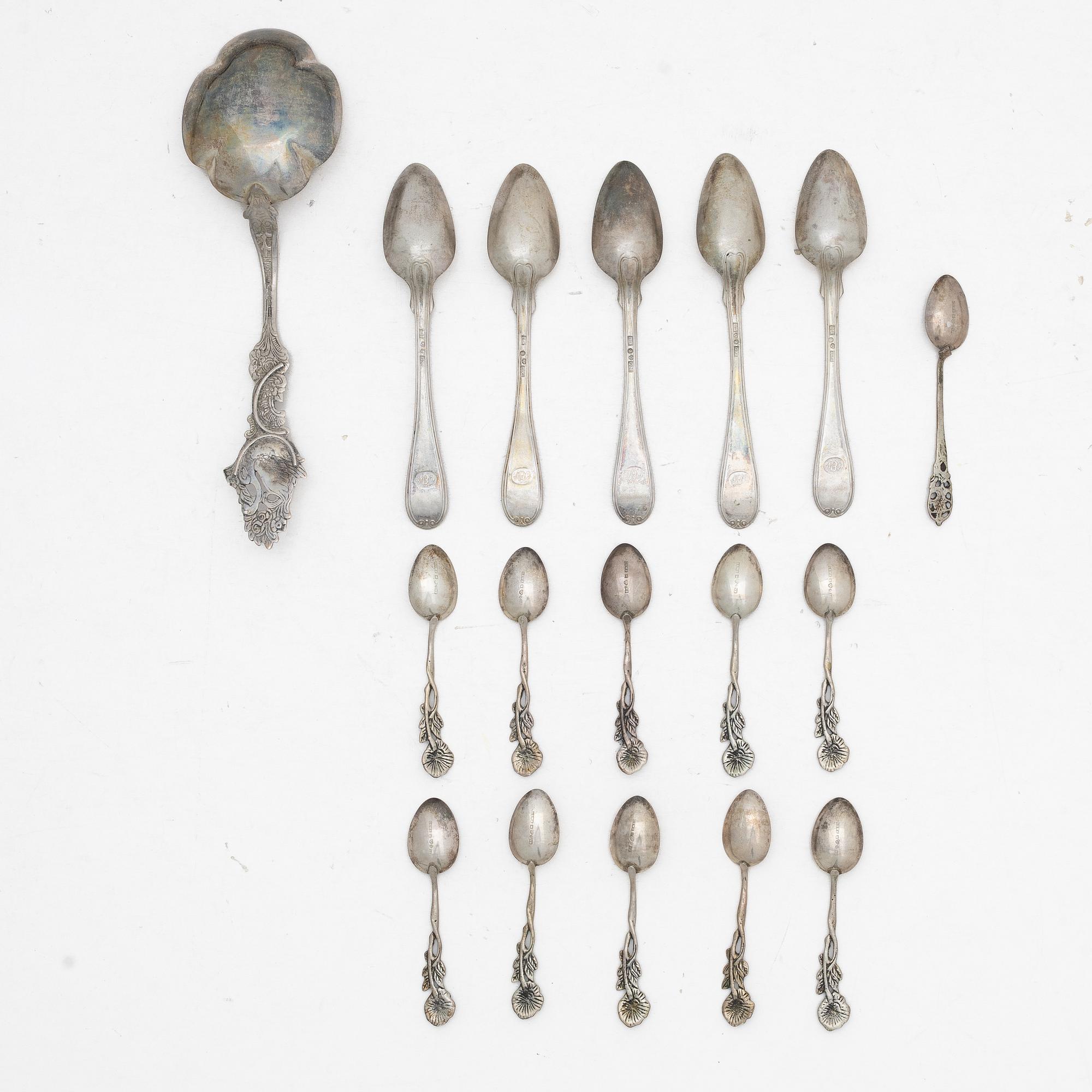 Spoons, 17 pieces, Sweden, 19th–20th century.