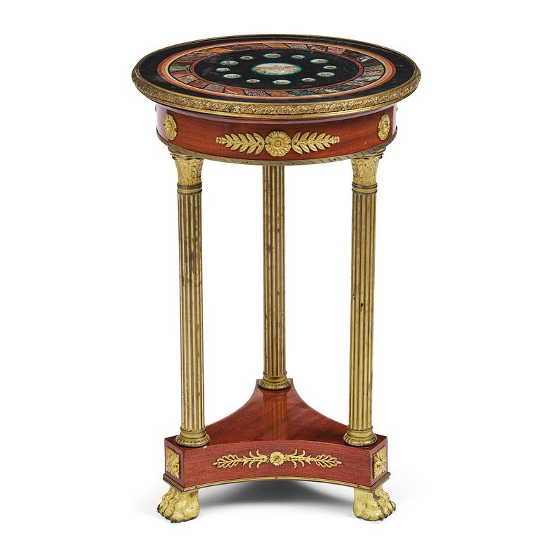 An Empire-style mahogany table with a pietre dure, micromosaic and specimen marble top, mid 19th century.