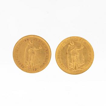 Coins 2 pcs 10 Korona gold, Hungary 1899 and 1909.