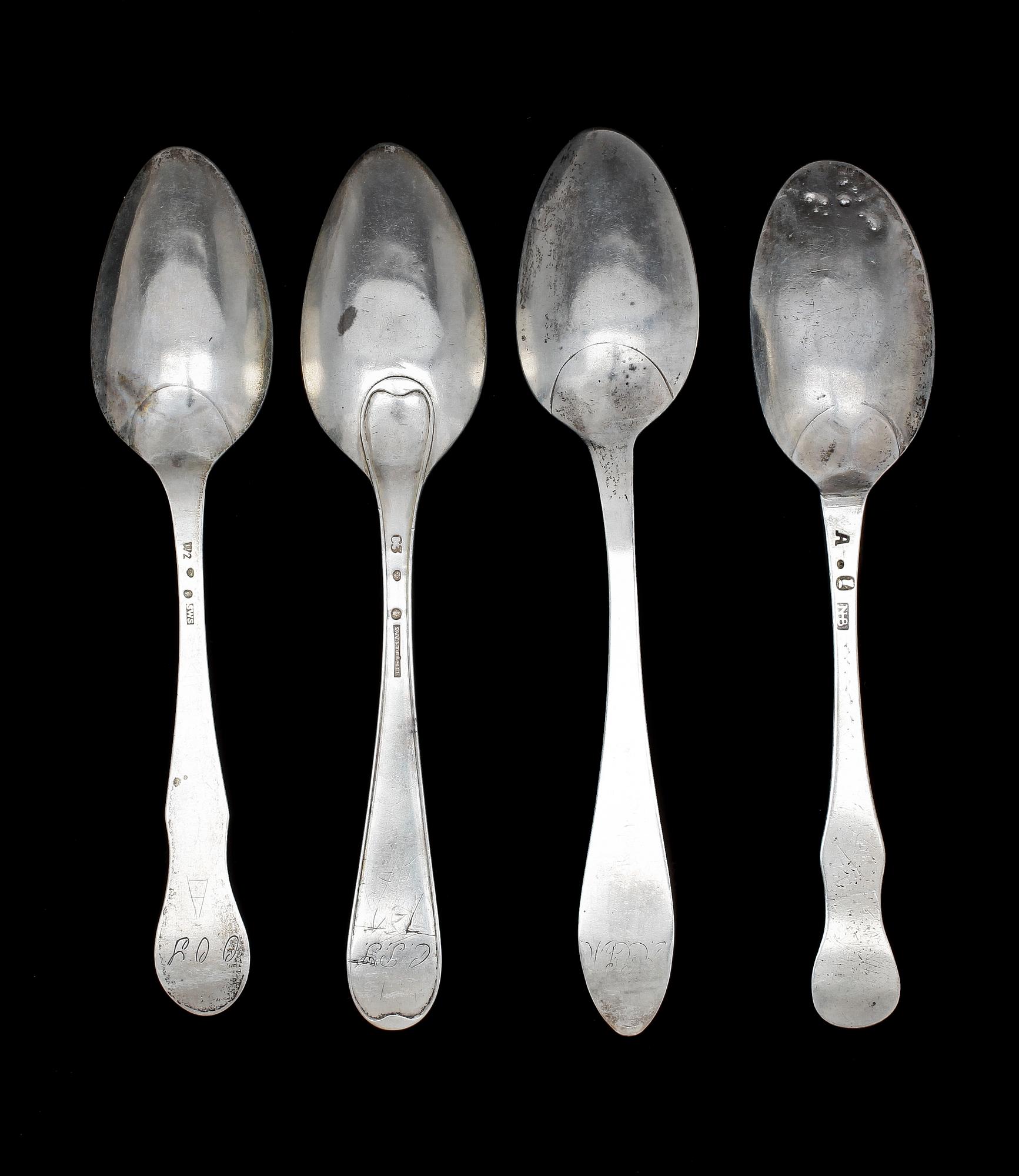 MATSKEDAR, 4 st, silver, bl a Stephan Westerstråhle, Stockholm, 1759-1810. Ca 180 g.