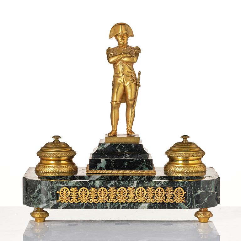 A French Empire-style gilt bronze and marble inkstand, late 19th century.