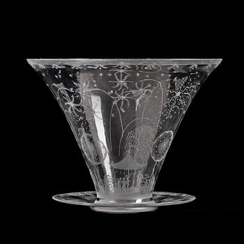 An Edward Hald 'Swedish Grace' engraved bowl and stand, Orrefors, model 248.