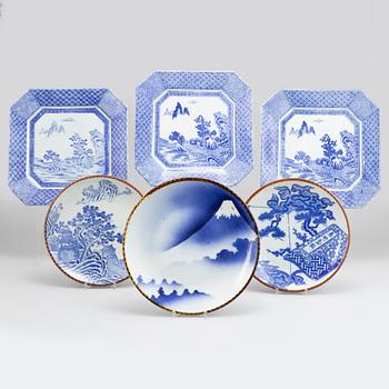 A group with six Japanese blue and white dishes, Meiji Period (1868-1912).