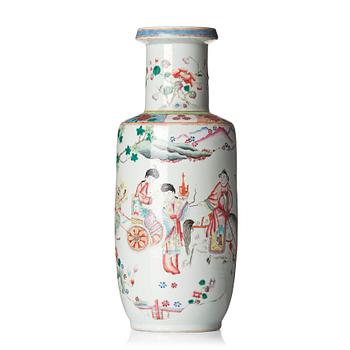 1271. A famille rose roleau vase, late Qing dynasty.