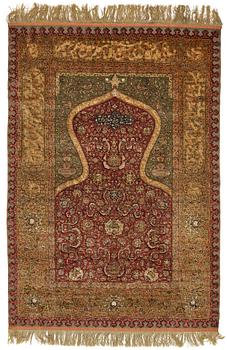 A rug, an antique Kum Kapi with metal brocade, Istanbul around 1910, "Sultan's Head Prayer" design.