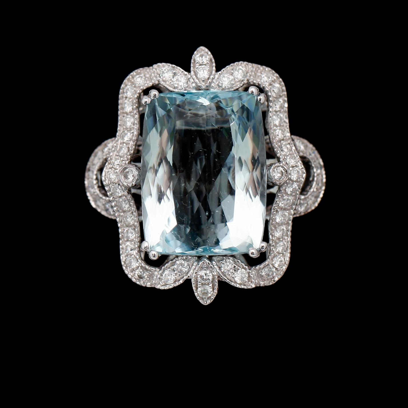 COCKTAILRING, 18 k vitguld, rektangulär fasettslipad akvamarin 8.60 ct, briljantslipade diamanter tot 0.56 ct.