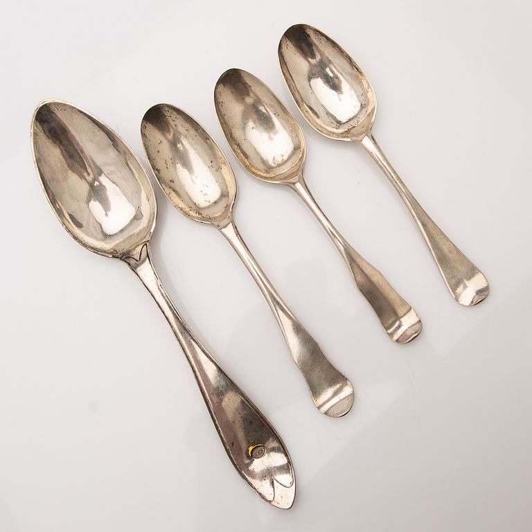 Spoons, 4 pcs, including Carl Fredrik Seseman and Peter Pihl, 18th/19th century.