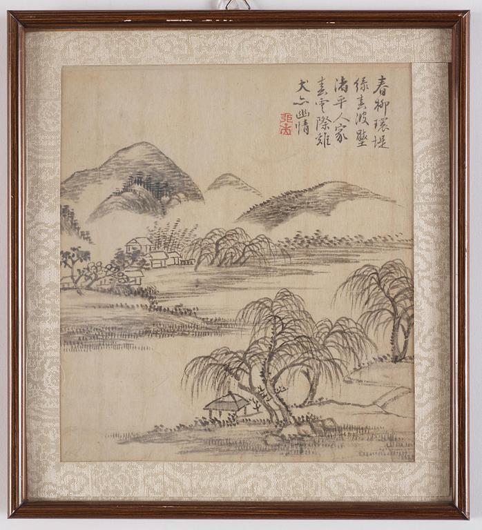 Zhang Geng (1685-1760), albumblad, nio stycken, akvarell och tusch på papper. Qingdynastin, daterad 1728.