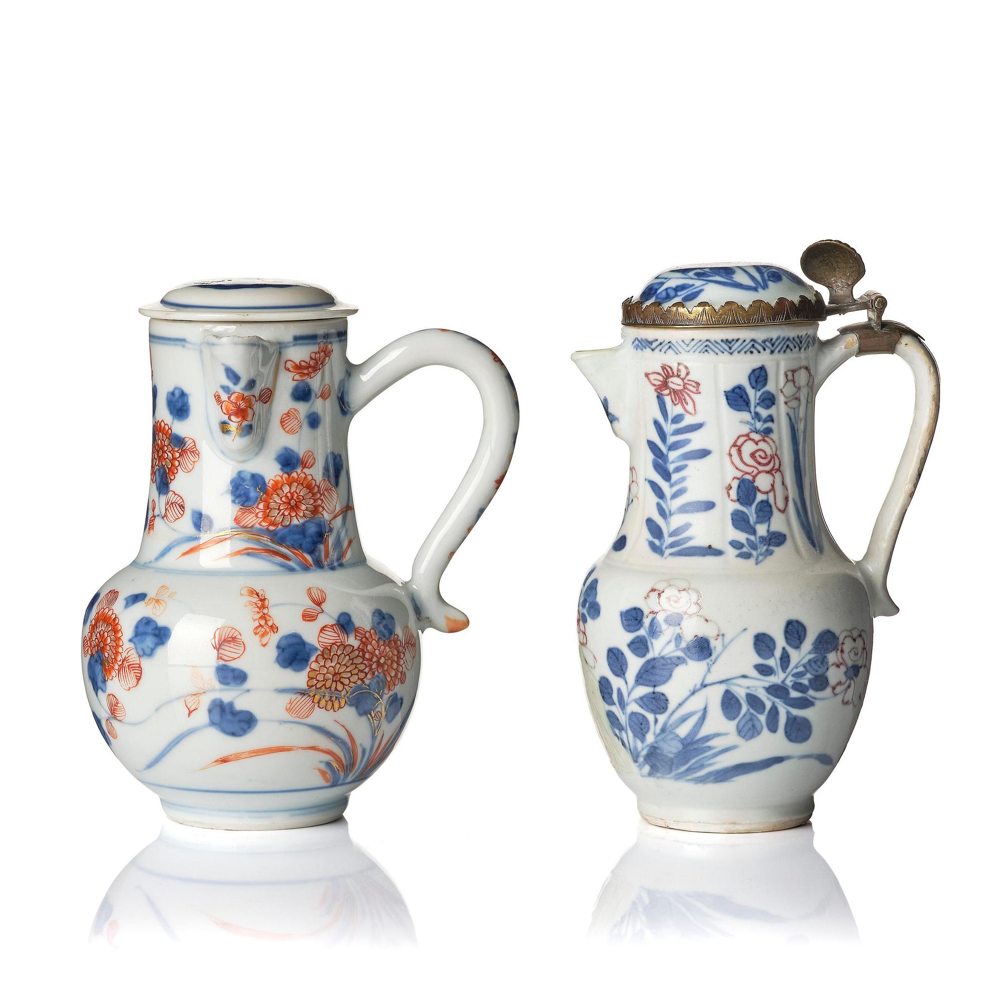 An underglaze red, celadon and an imari ewer with cover, Qing dynasty, Kangxi (1662-1722).