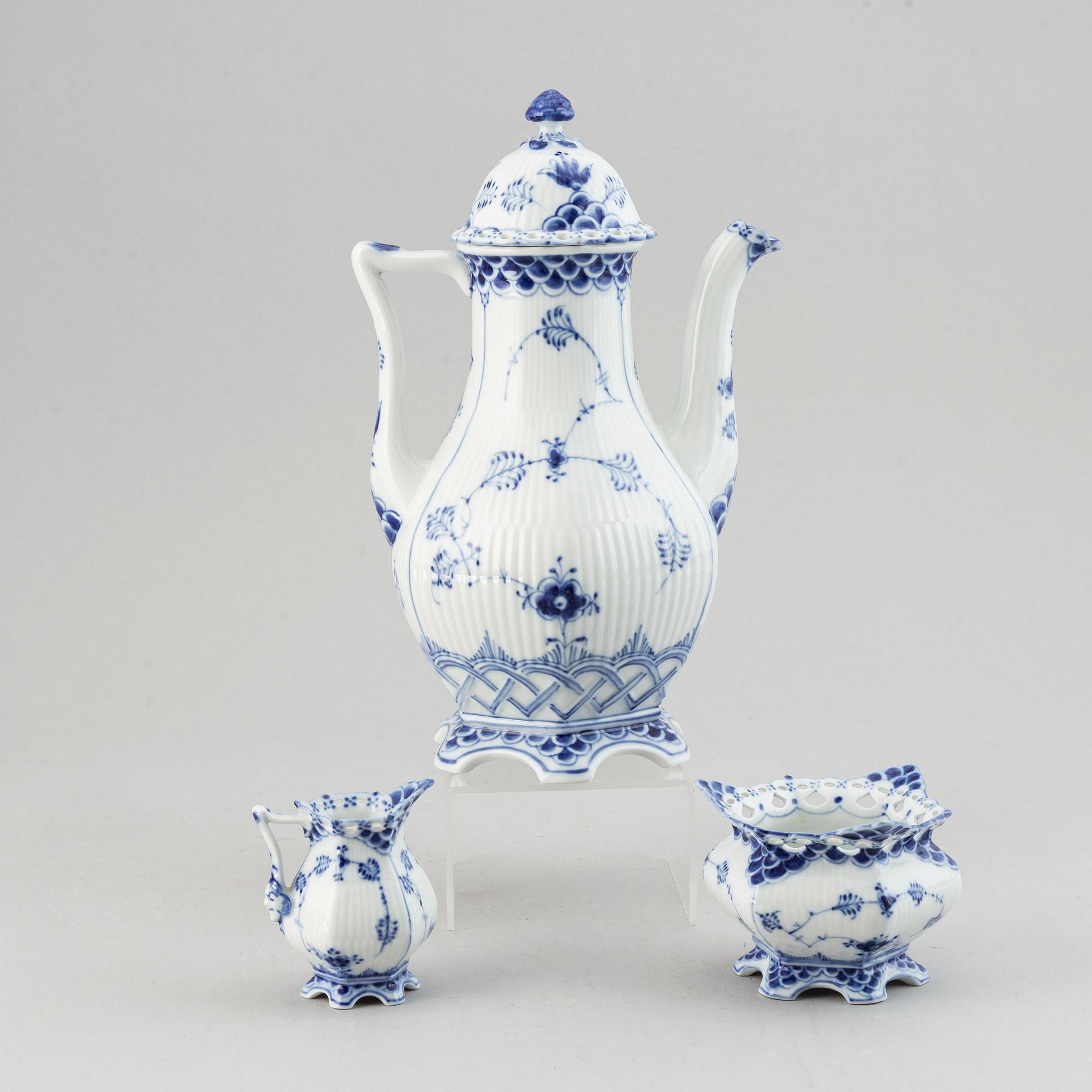 A three piece Royal Copenhagen "Blue Fluted" full lace coffee service.