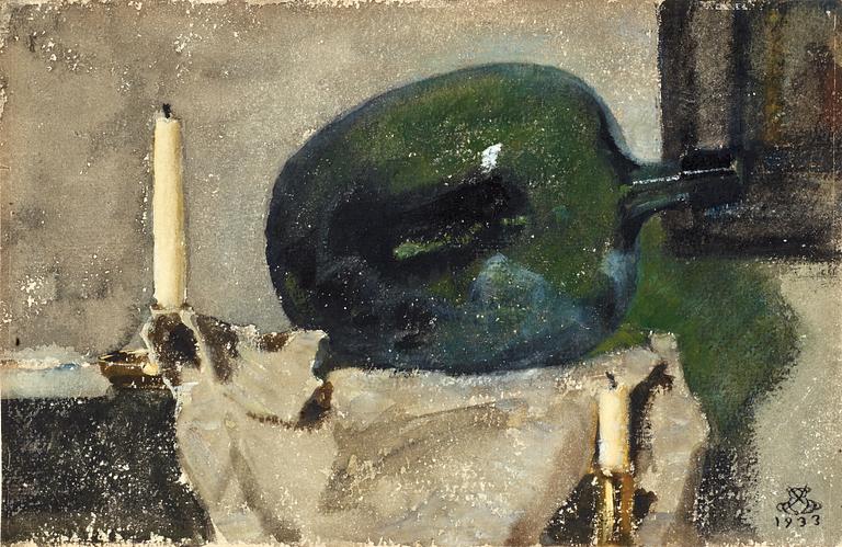 Bror Oscar Eugen Börjeson, Still life with green bottle and candle sticks.