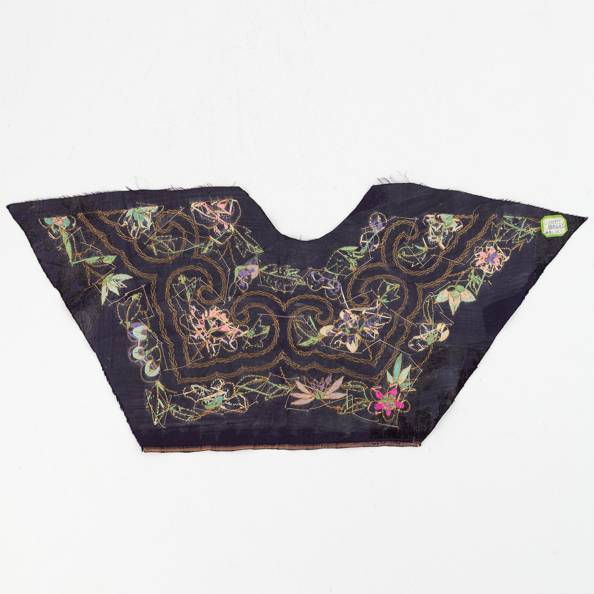Two Chinese silk collars and two silk embroideries, 20th century.