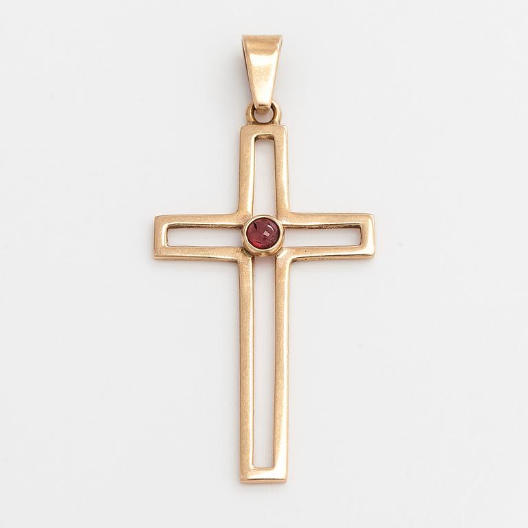 Pendant / cross, cabochon cut garnet, 14K gold, Westerback, Helsinki 1961.