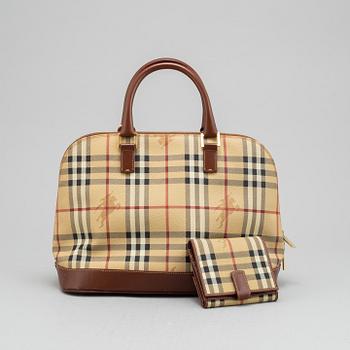 Burberry, a handbag and wallet.