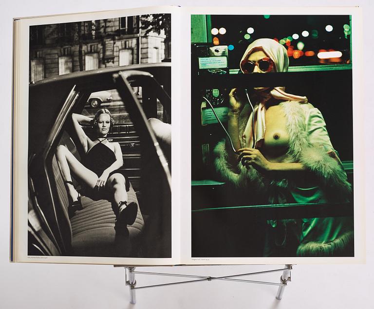 Helmut Newton, Signed book published by Taschen, Monte Carlo, 1999, ed 10000, with a metal table.