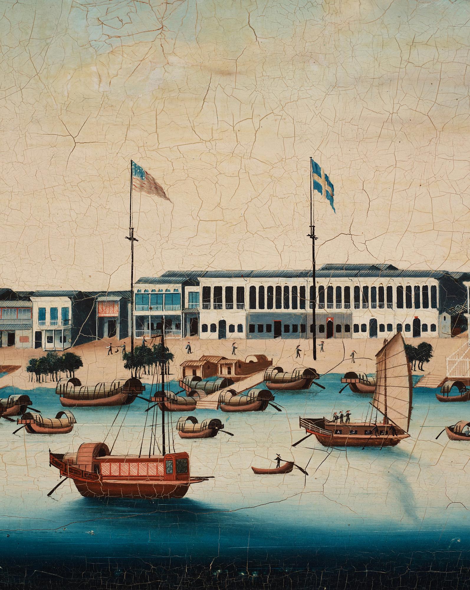 Målning, okänd konstnär, vy över Kanton. Qingdynastin, omkring år 1800.