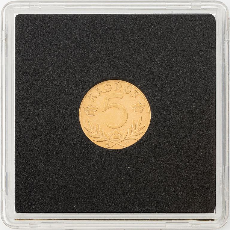 Gold coin, Gustav V, 5 kronor, Sweden 1920.
