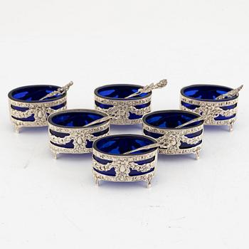 A set of six Gustavian style silver and glass salt cellars, mark of GEWE, Malmö 1962-63.