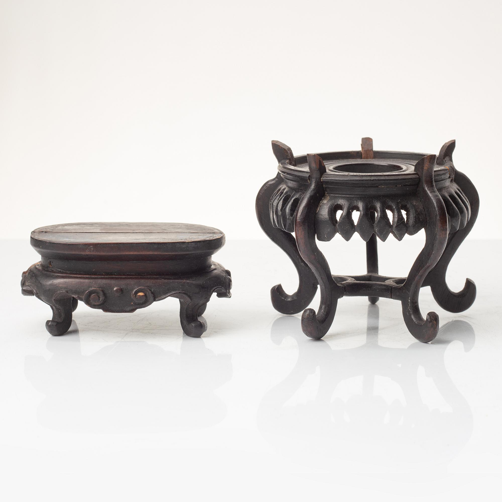 A group of Chinese hardwood stands and a cover, Qing dynasty and later.