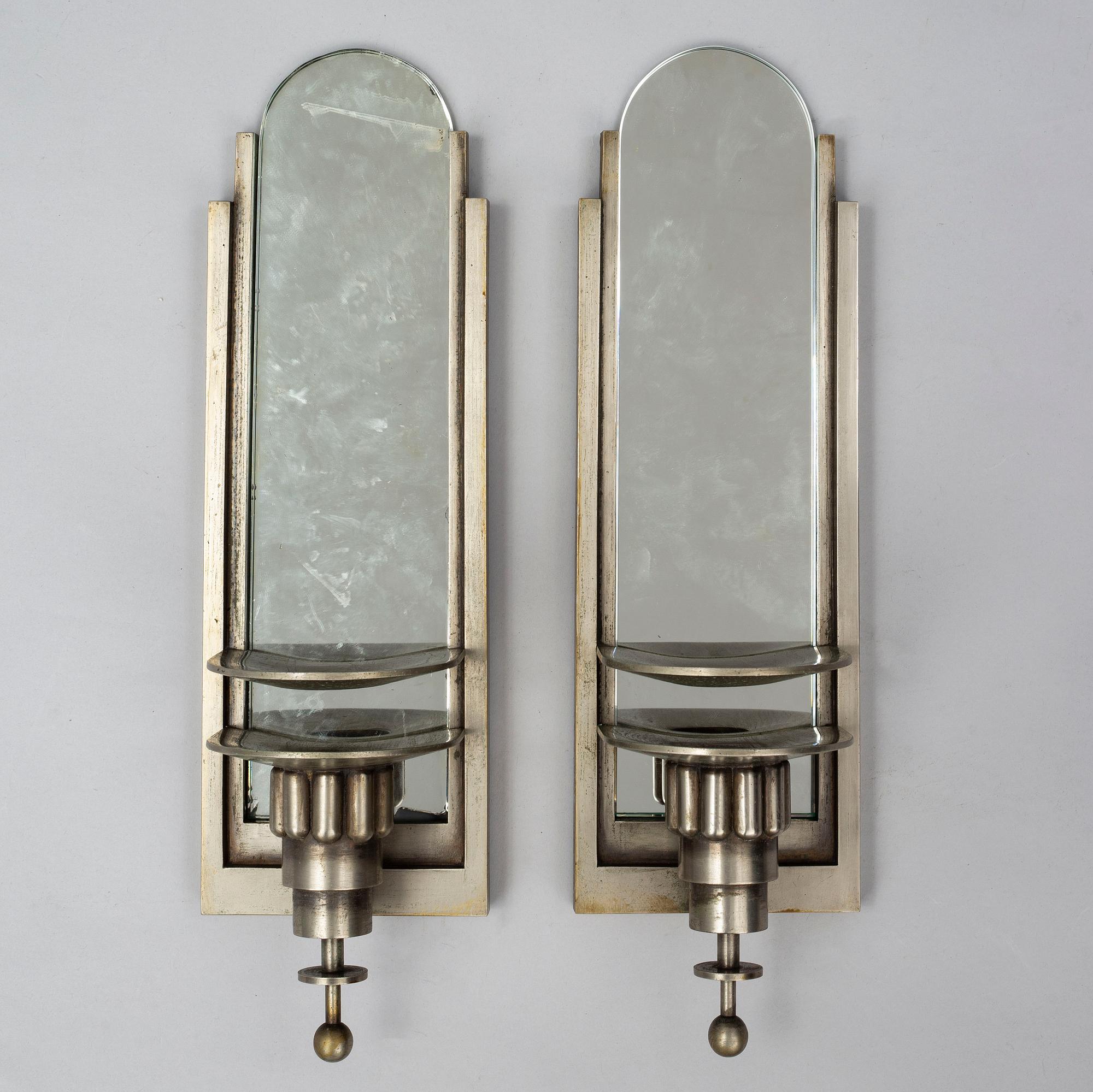 WALL LIGHTS, a pair of 1930's white metal and mirror glass.