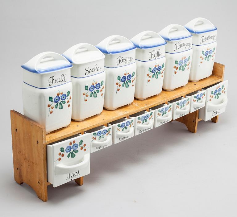 A set of earthenware kitchen jars from Gefle, first half of the 20th century.