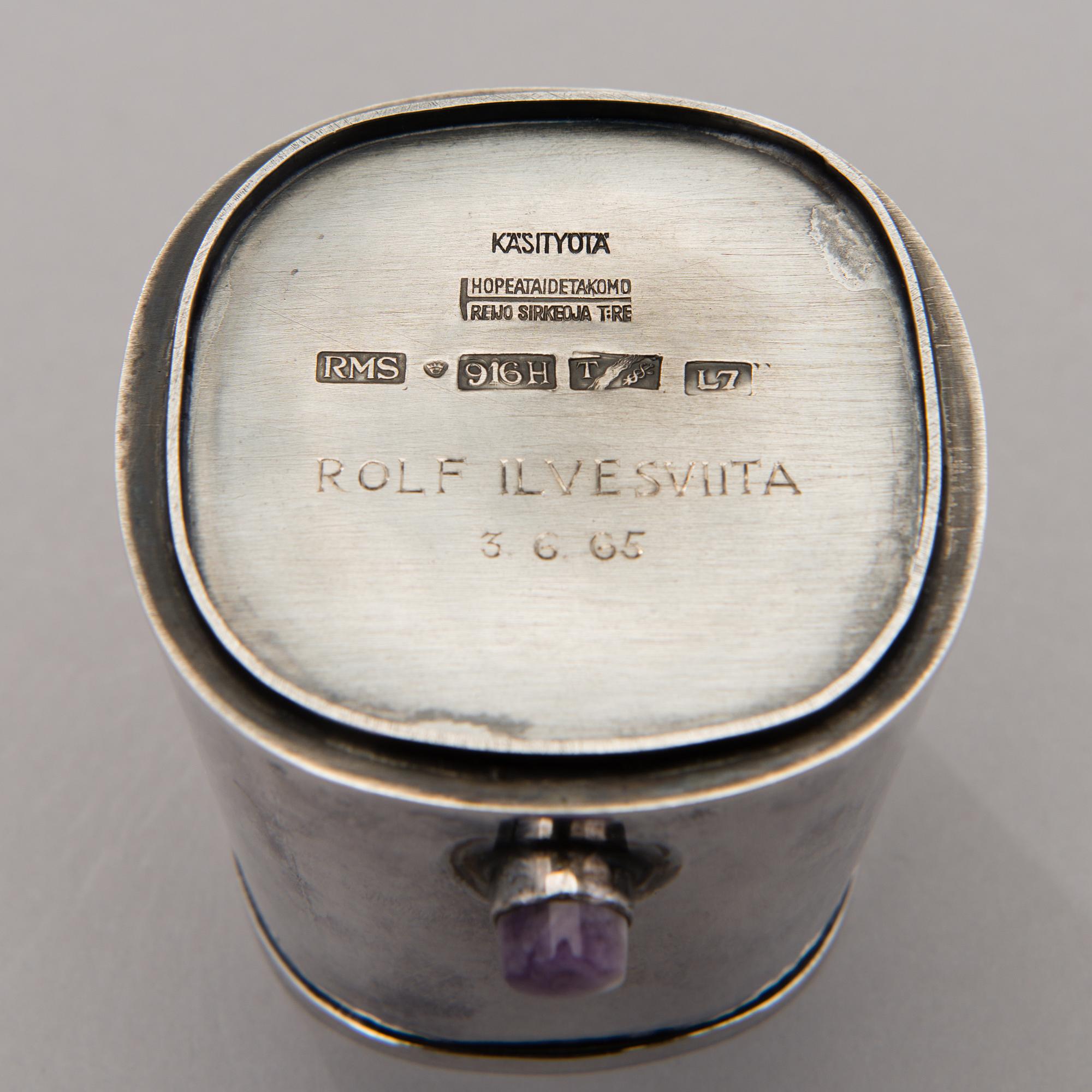 a silver bowl and a beaker with amethyst decor, mark of Reijo Sirkeoja, Hopeataidetakomo, Tampere Finland 1964-65.