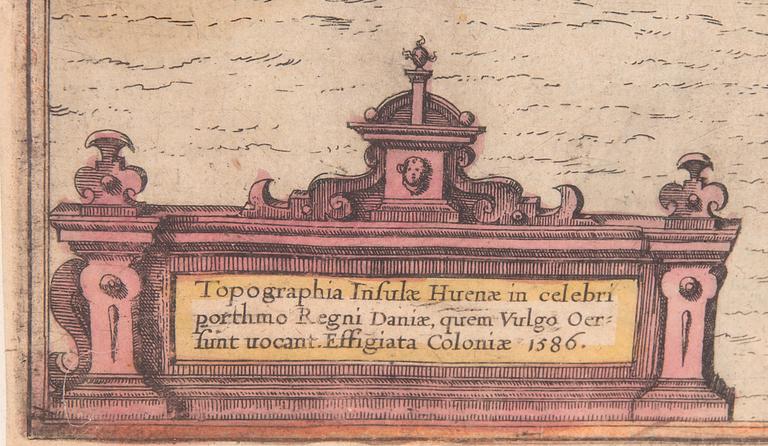 Georg Braun & Frans Hogenberg, a map of Ven / Hven, hand colored copper engraving, Cologne c 1586.